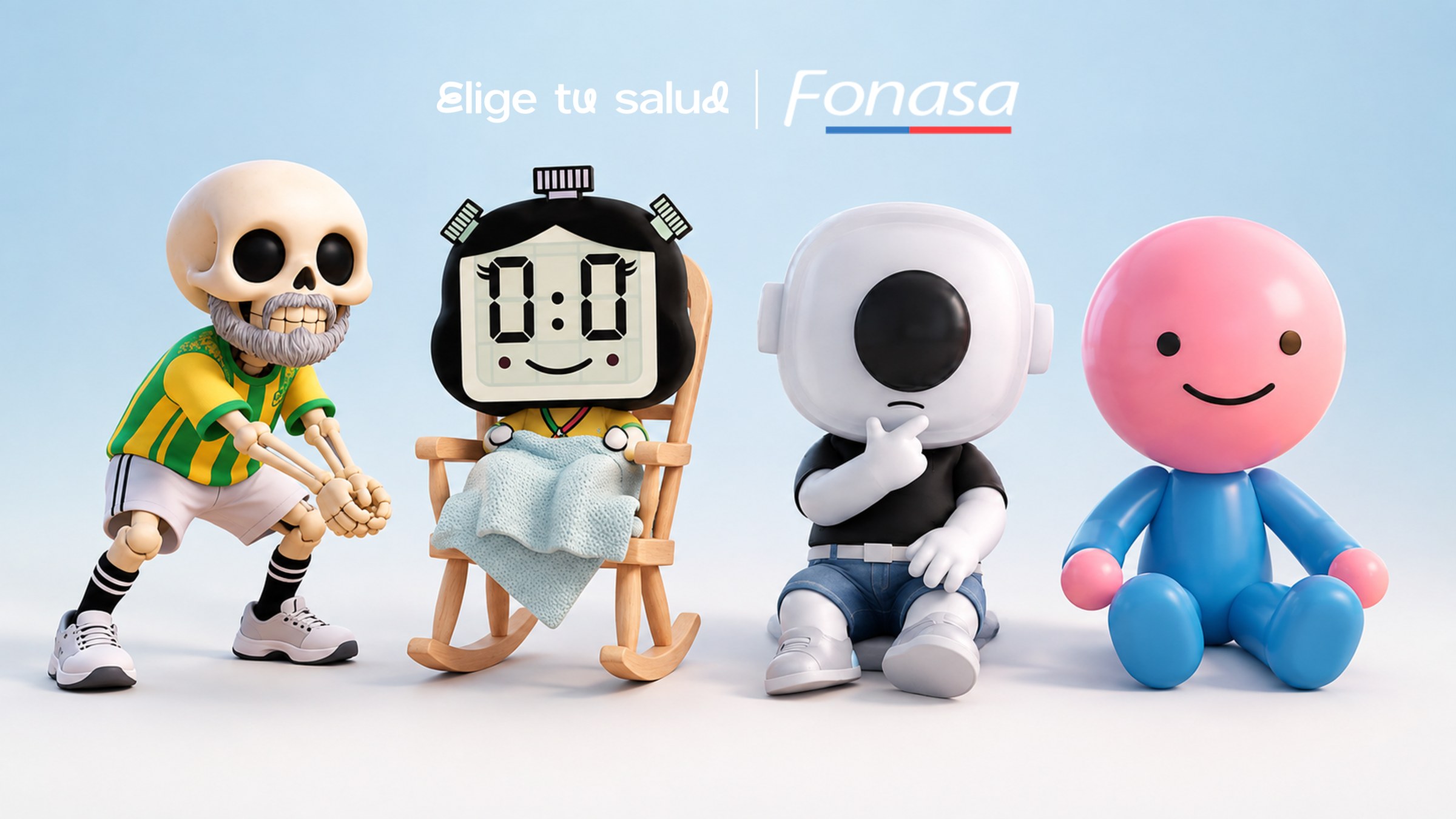 Los cuatro personajes animados con IA de la campaña Elige tu Salud: David, Marcelo, Camila y Sebastián