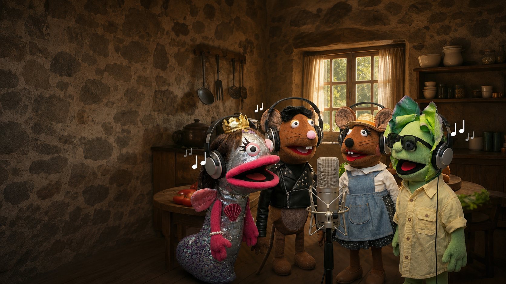 Los Minsalitos: los cuatro personajes de la campaña cantando frente al micrófono